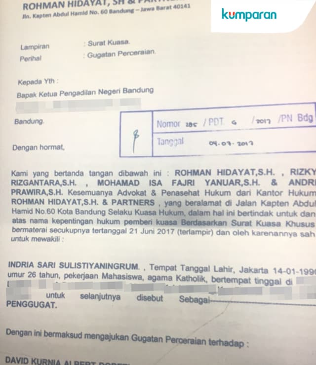 GRACIA INDRI MELAYANGKAN GUGATAN CERAI TERHADAP DAVID NOAH