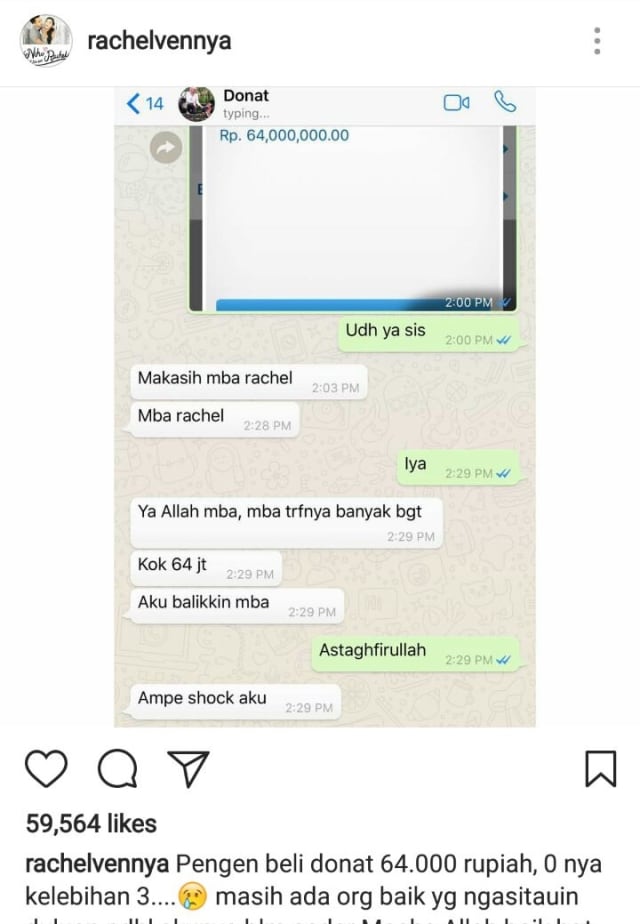 Heboh, Selebgram Rachel Vennya Salah Transfer Rp 64 Ribu Jadi Rp 64 Juta Untuk Beli Donat