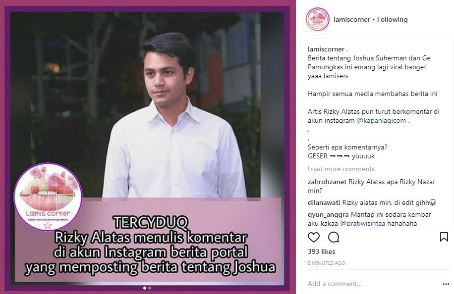 Terciduk! Rizky Alatas Komentari Berita Portal Joshua Suherman