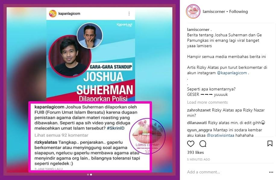 Terciduk! Rizky Alatas Komentari Berita Portal Joshua Suherman