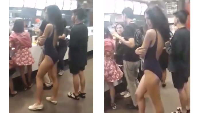 Antri Beli Makanan Wanita Berambut Panjang Cuma Pakai Baju Renang